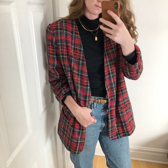 Vintage Jackets & Blazers - Vintage Parisian Long Oversized Red Plaid Tartan Knit Tweed Blazer Jacket Coat